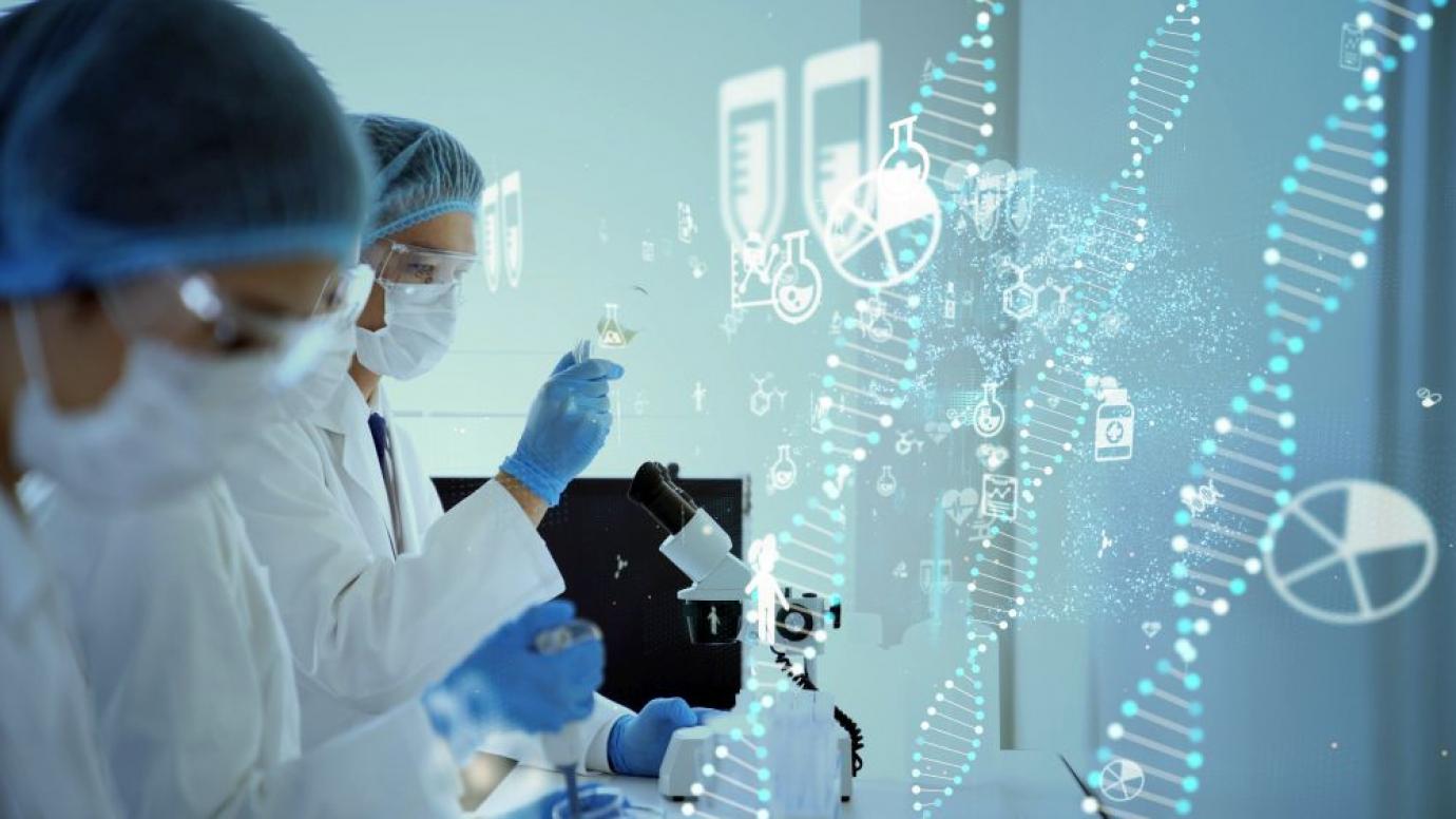 Scientists studying genomes concept art