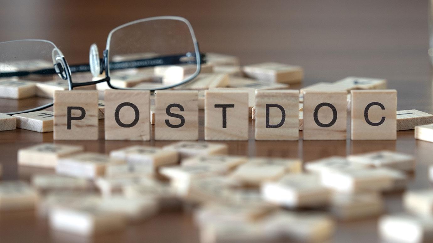 Wooden letter cubes on a table forming the word "postdoc"