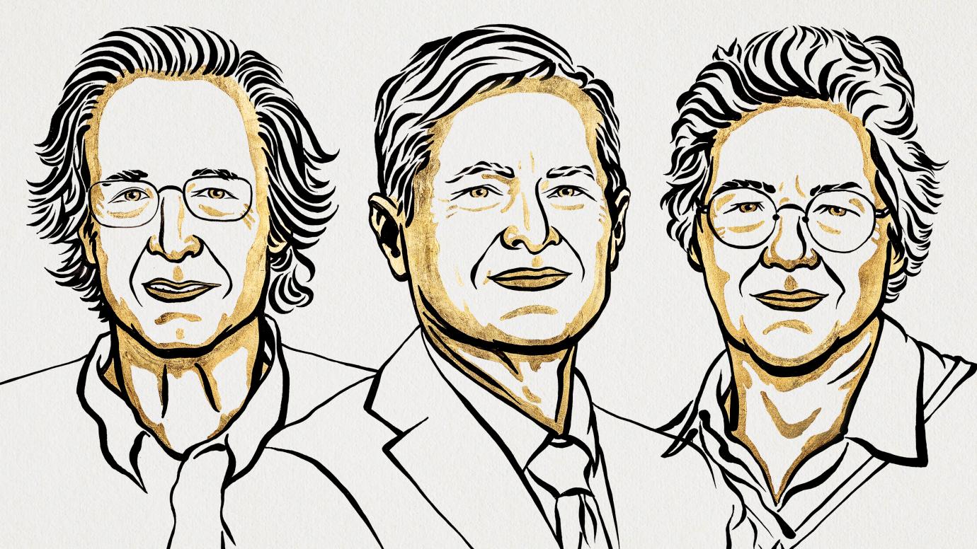 Portraits of Pierre Agostini, Ferenc Krausz and Anne L’Huillier, winners of the 2023 Nobel Prize in Physics