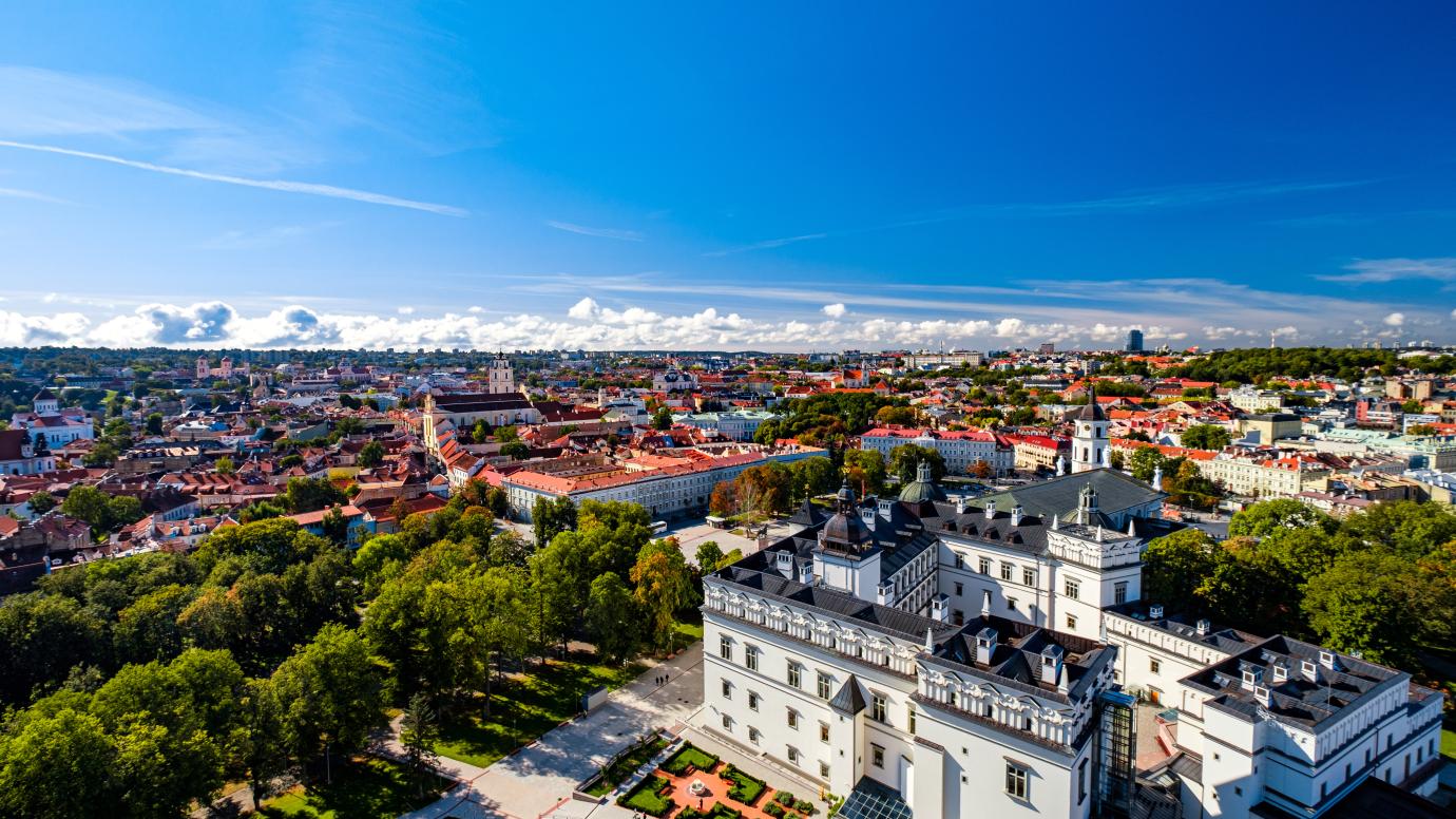 Aerial view of Old Town Vilnius, Lithuania with The Palace of the Grand Dukes of Lithuania in the foreground