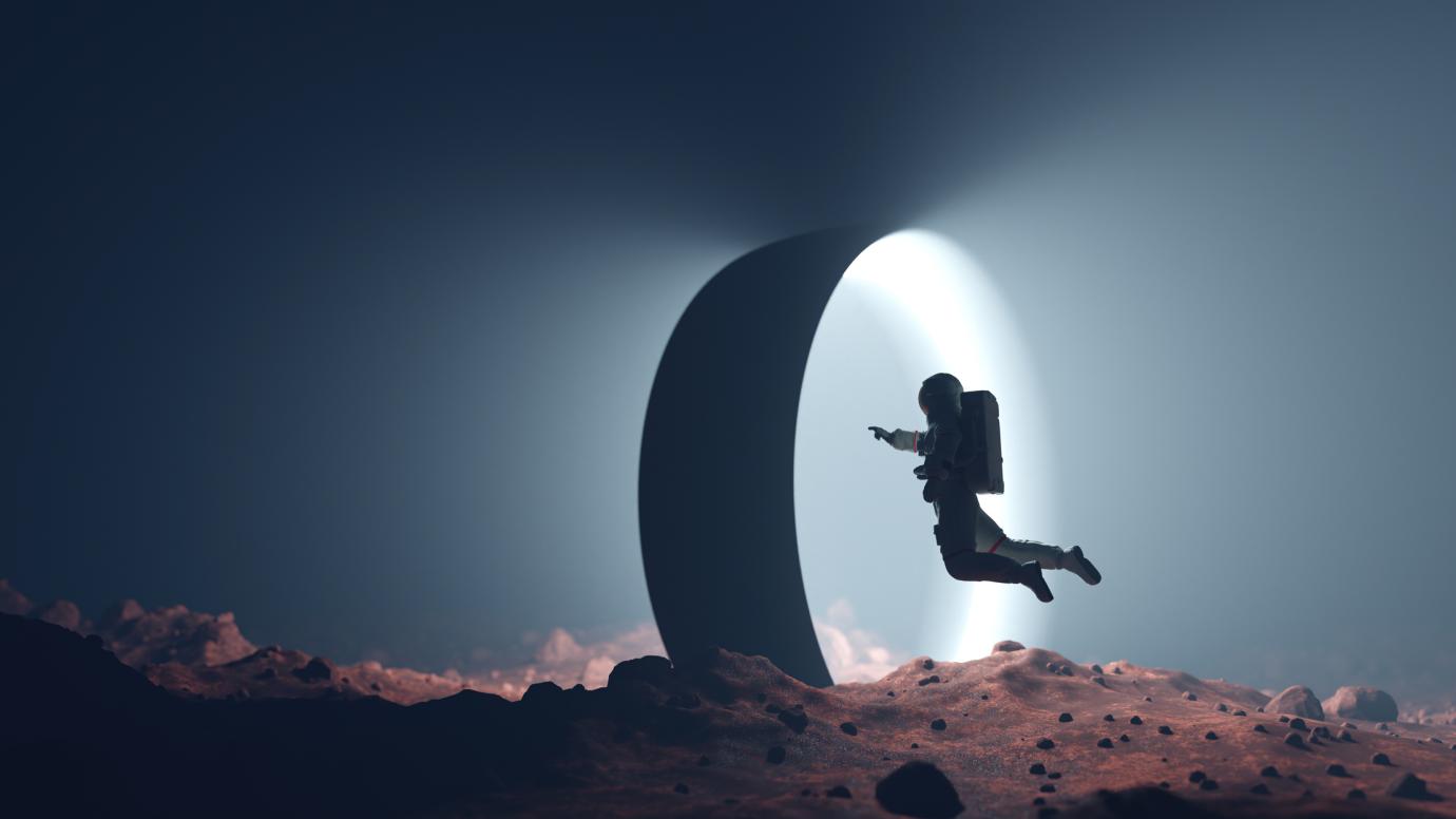 floating astronaut on alien planet entering spacetime portal light