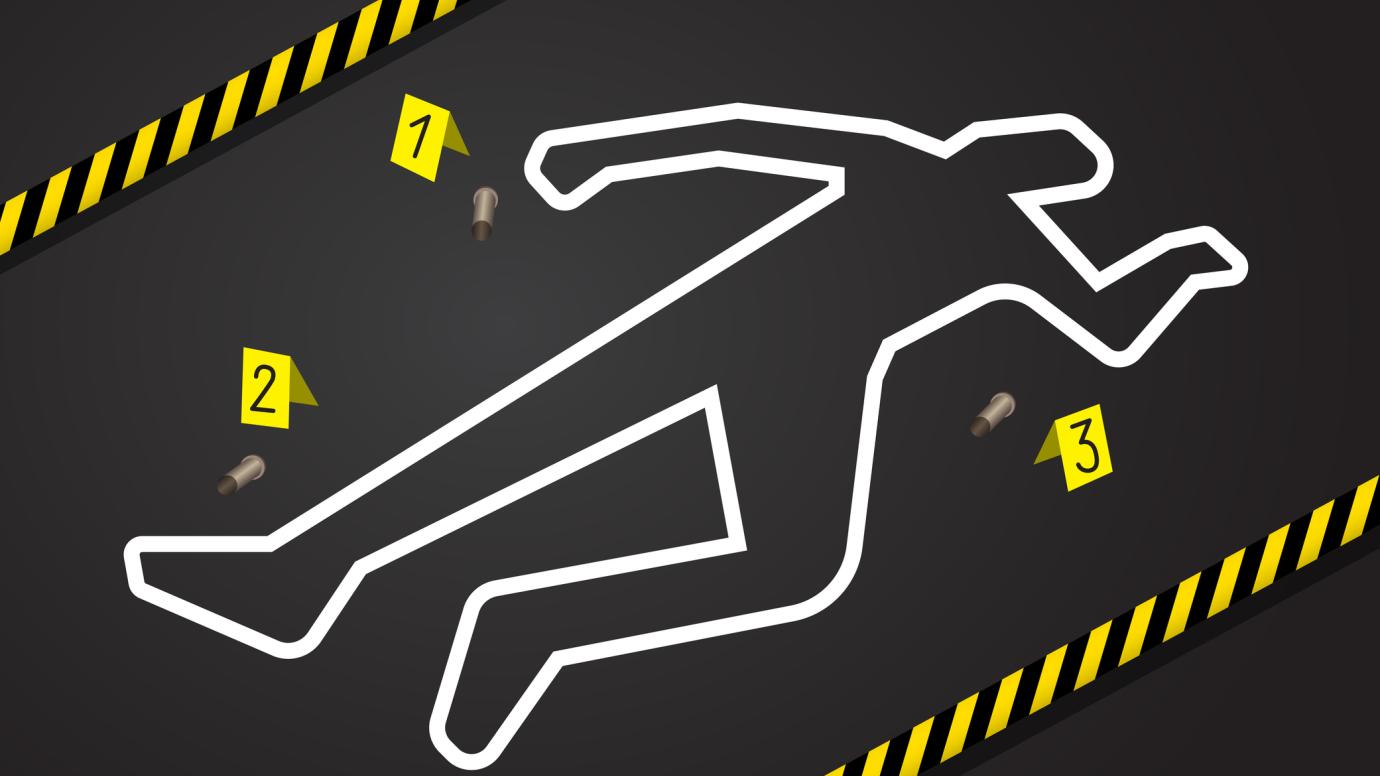 Crime scene, do not cross police tape. Chalk outline from the murder scene, circled the body, and there are marks near the evidence of the gun shells. Place of murder