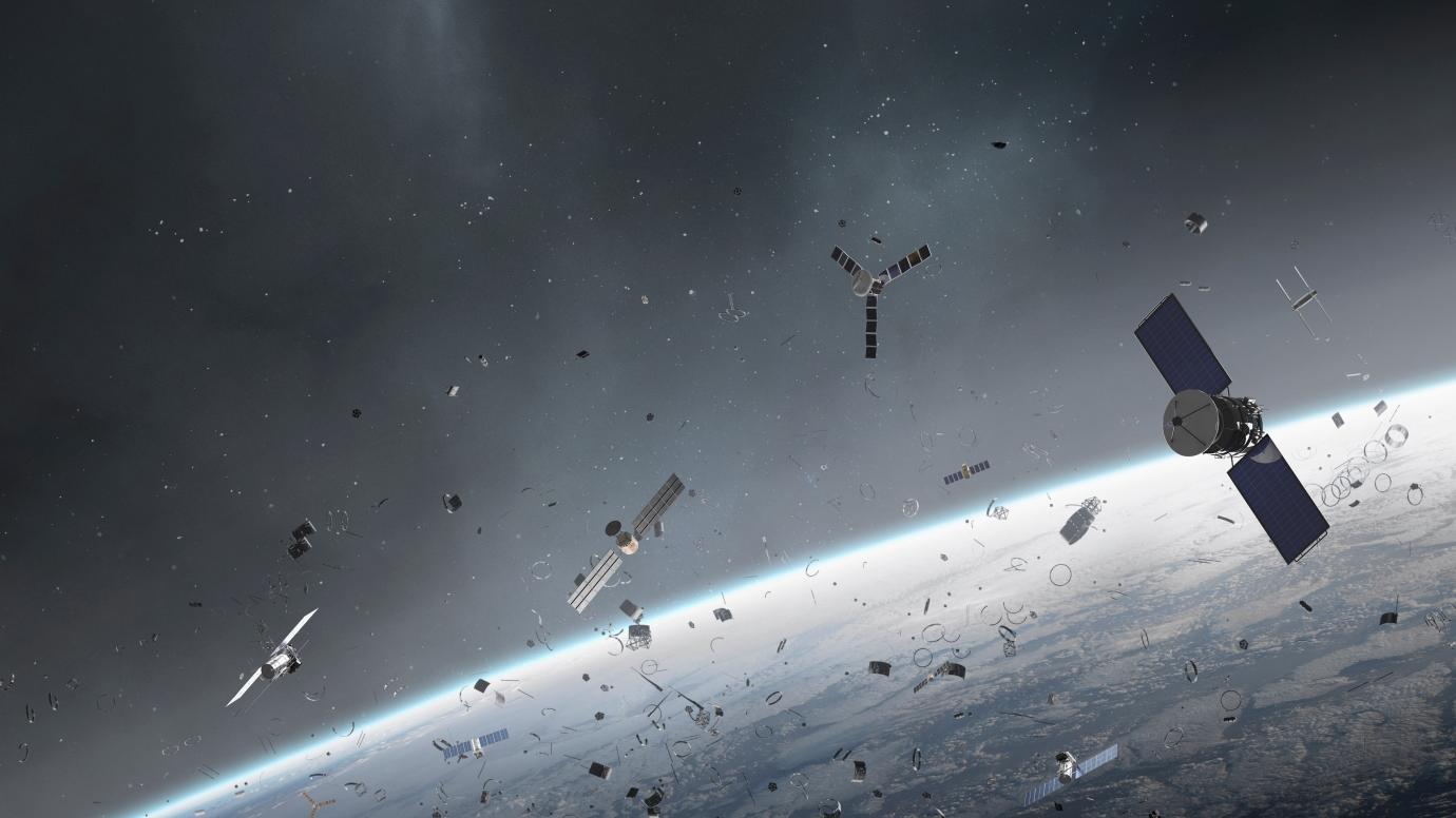3D illustration of a cluster of space debris, junk and satellites surrounding planet Earth