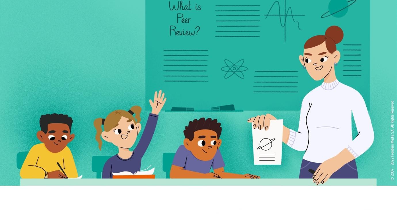 Illustration of 3 children sitting at the desk and standing teacher facing them
